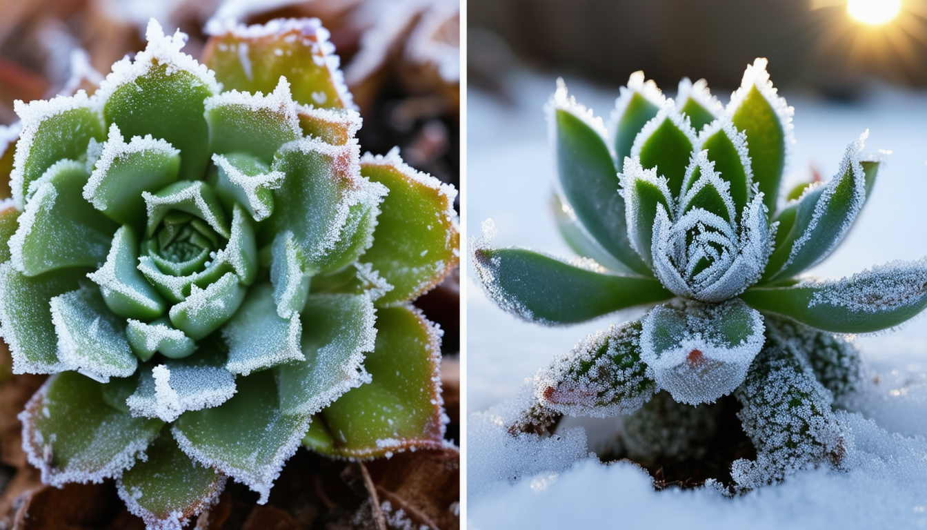 A frost-covered succulent plant struggling in icy