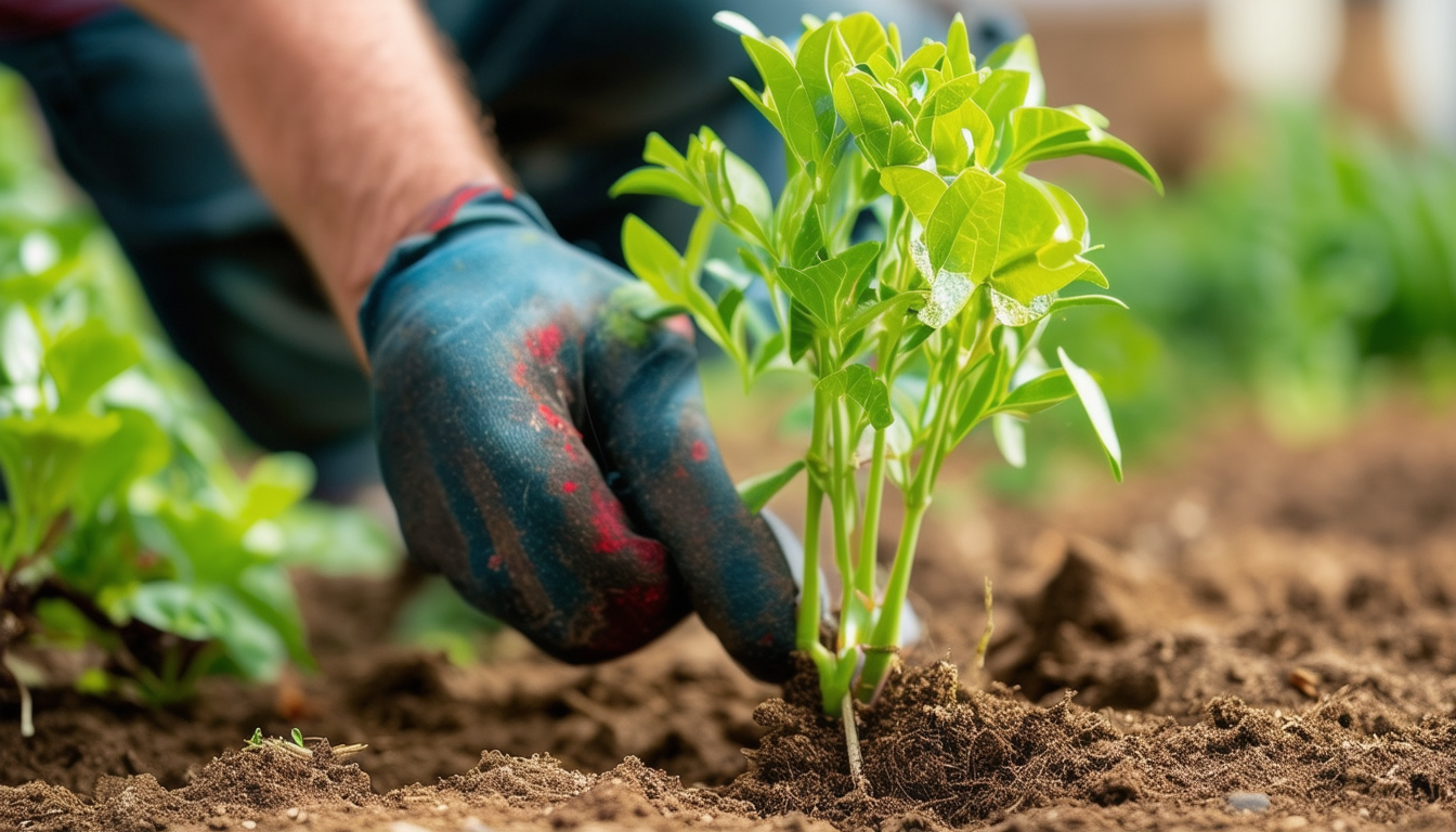 A gardener bending a plant stem towards the ground