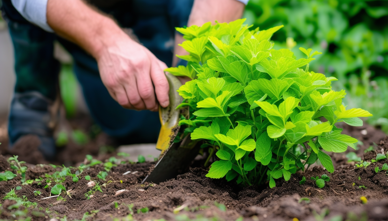 A gardener carefully digging up a deciduous shrub