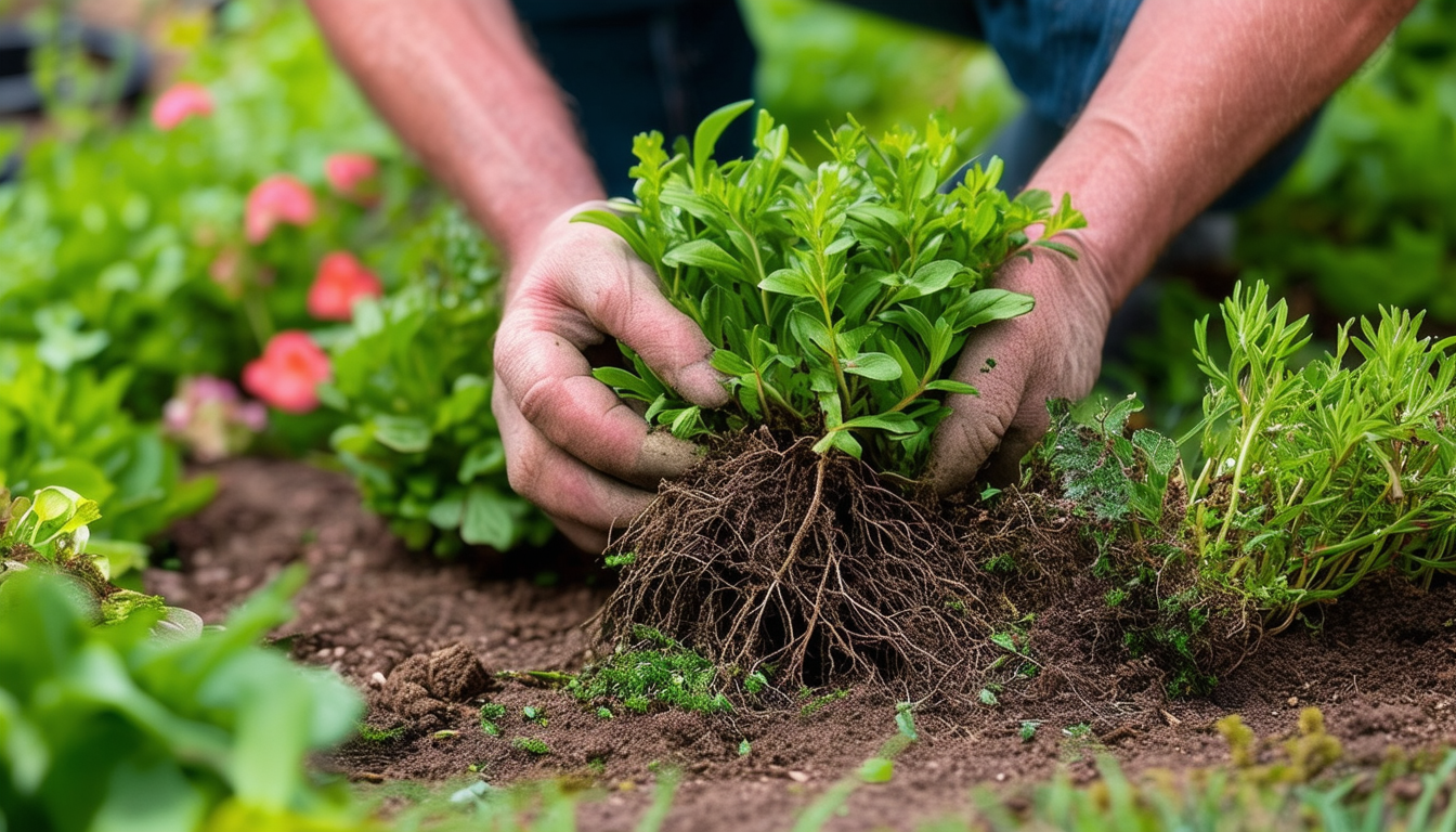 A gardener carefully dividing a clump of perennial