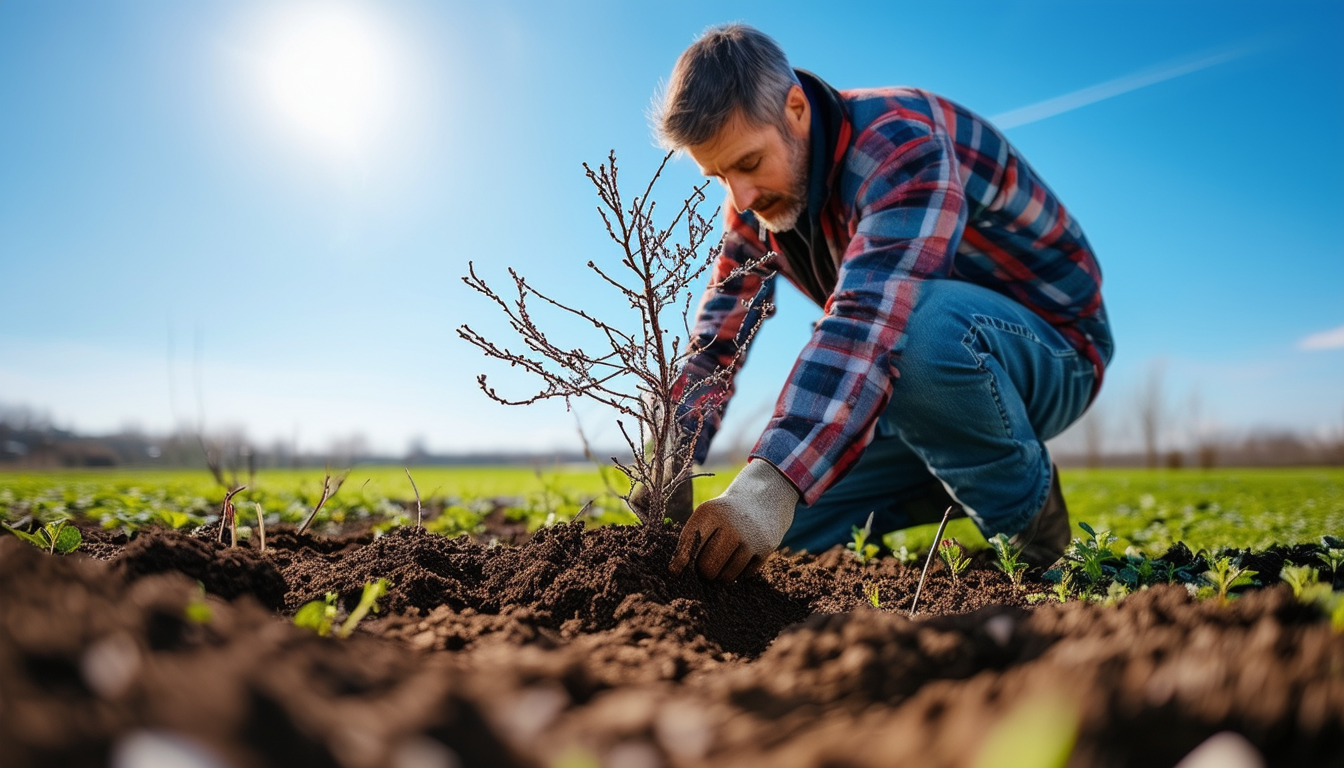 A gardener carefully planting a bare root hawthorn