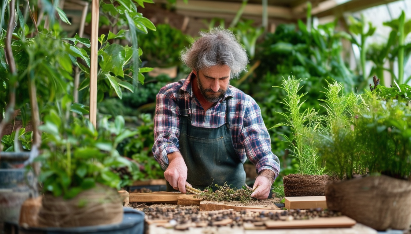 A gardener carefully preparing hardwood cuttings f