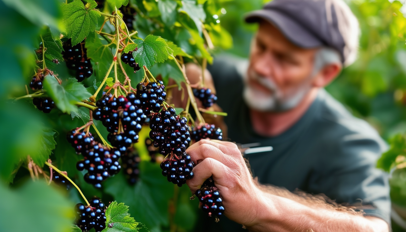 A gardener carefully pruning a lush blackcurrant b