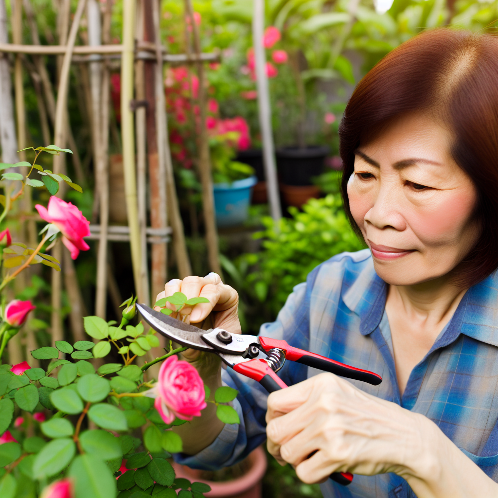 A gardener carefully pruning a rose bush to encour