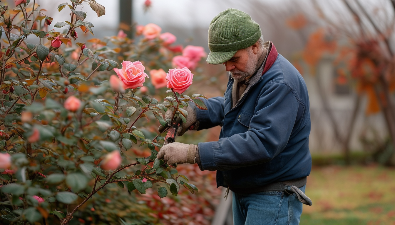 A gardener delicately pruning rose bushes on a cri