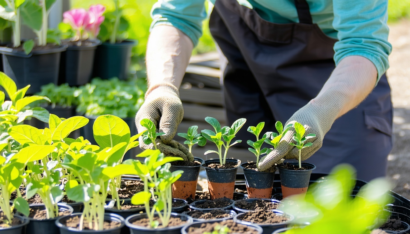 A gardener gently handling young seedlings, prepar