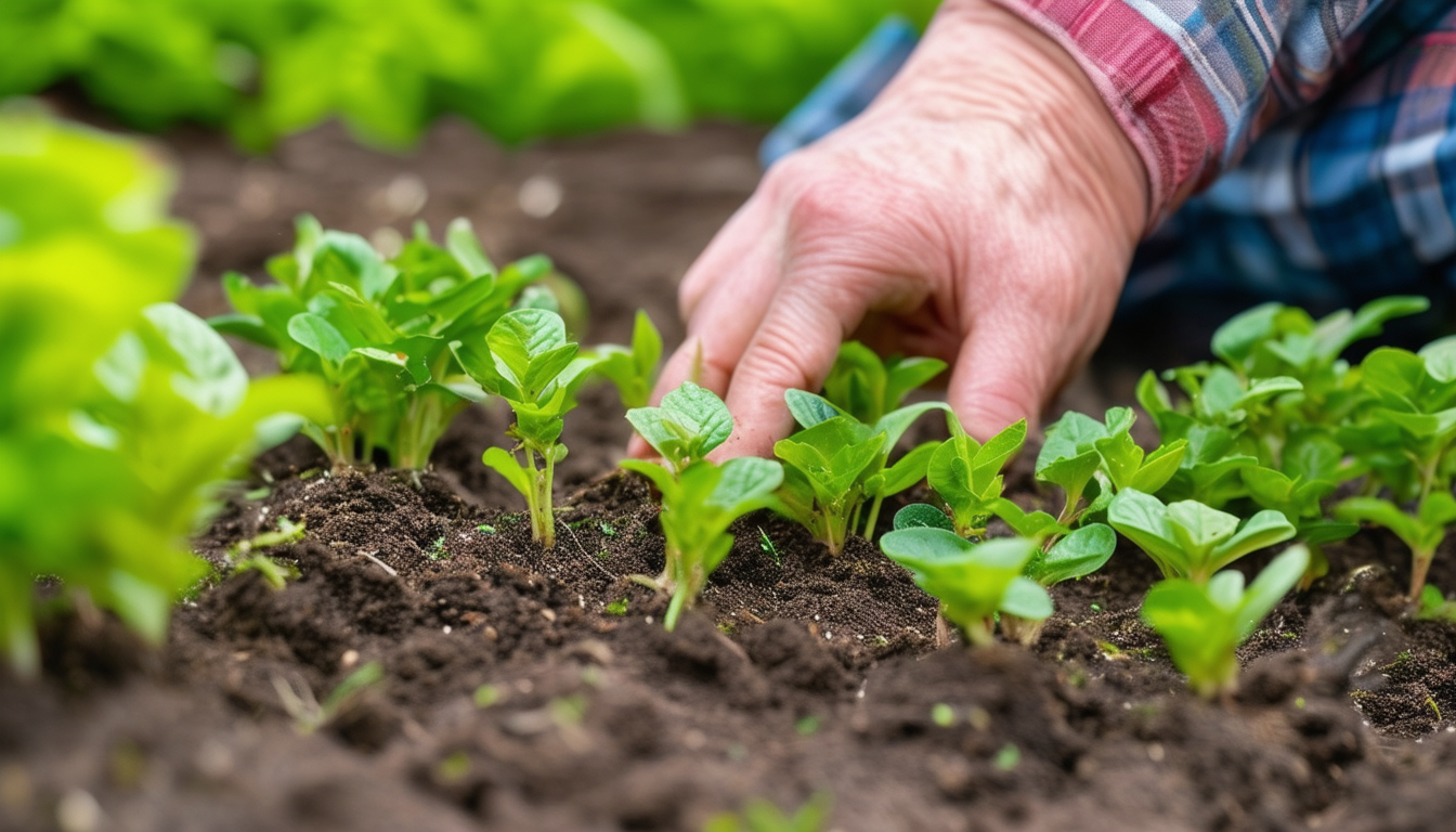 A gardener gently placing young seedlings outdoors