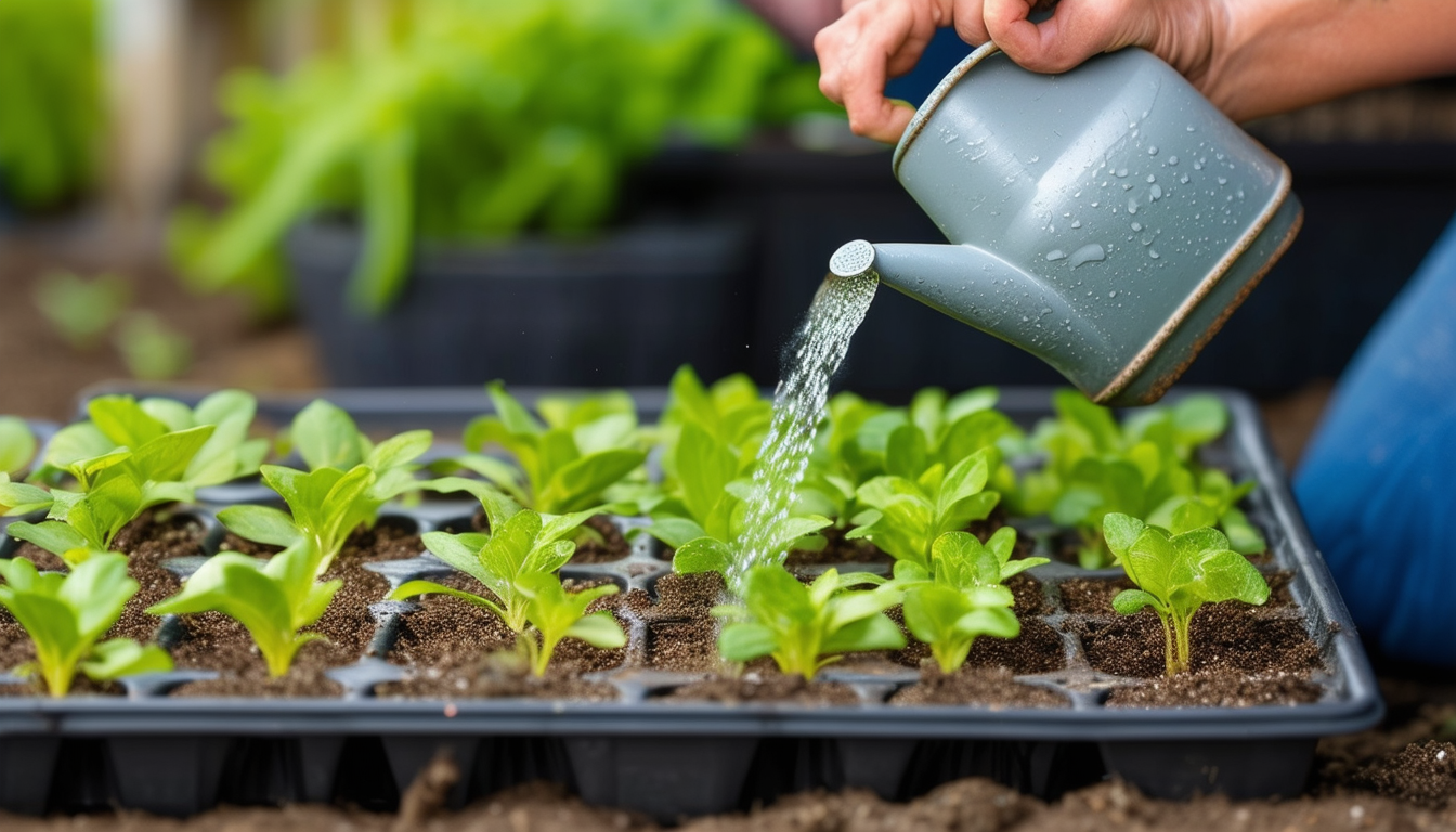 A gardener gently watering a tray of vibrant seedl