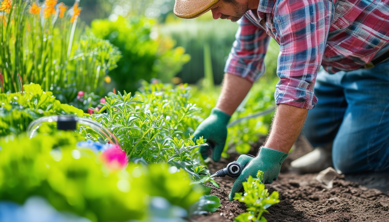 A gardener inspecting an irrigation system with lu