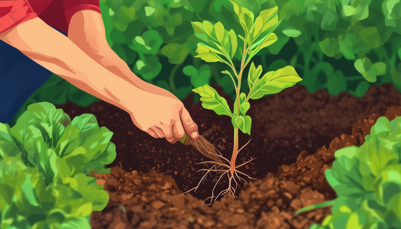A gardener planting a bare root logan berry plant