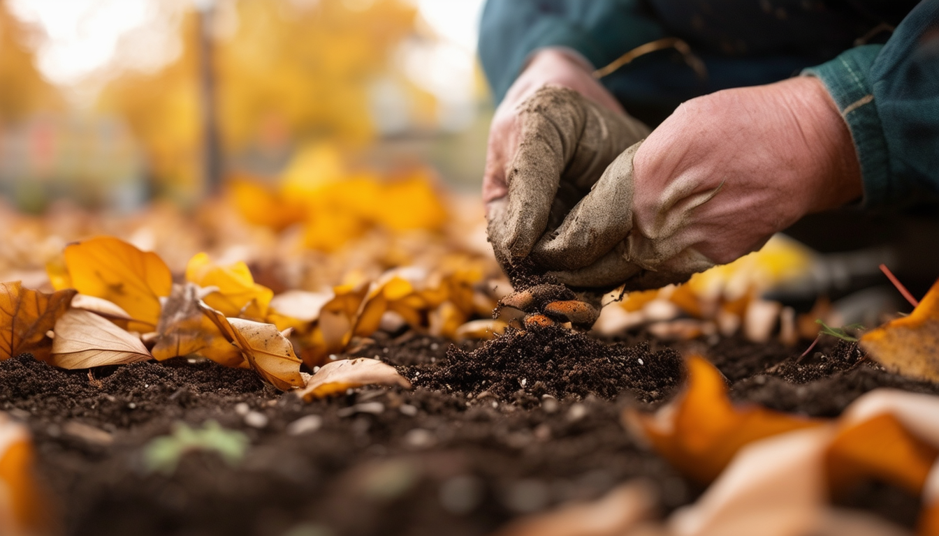 A gardener planting seeds into soil during autumn