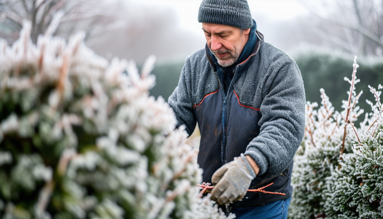 A gardener pruning bushes with frost-covered groun