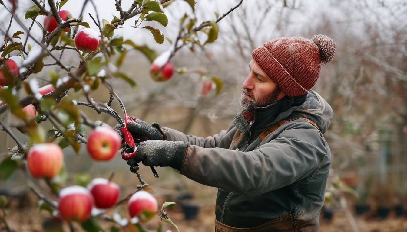 A gardener skillfully pruning an apple tree on a c