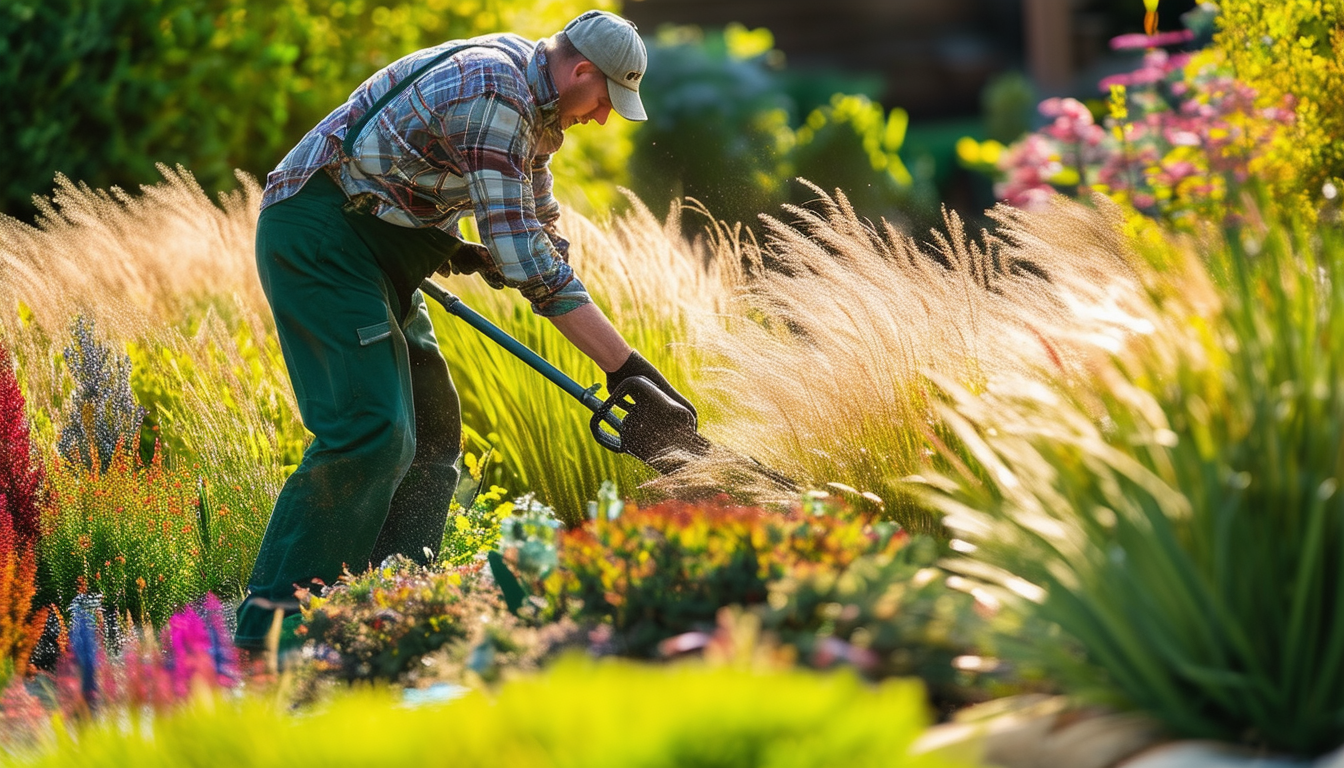 A gardener skillfully trimming ornamental grasses
