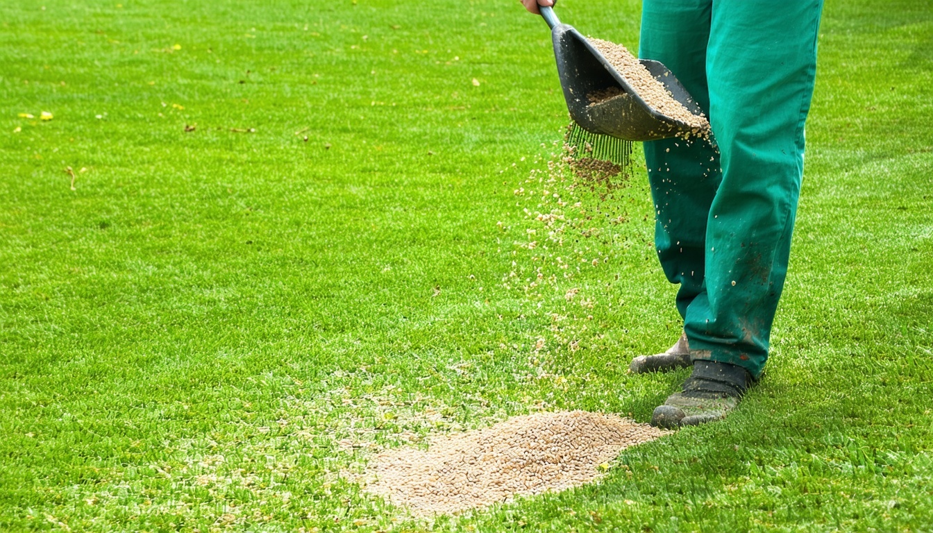 A gardener spreading lawn seed on a patchy lawn wi