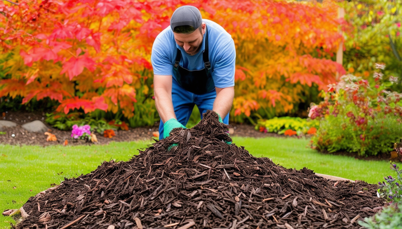 A gardener spreading mulch over a flower bed with