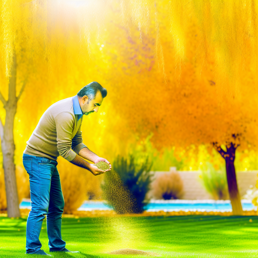 A homeowner spreading grass seed on a vibrant, gre