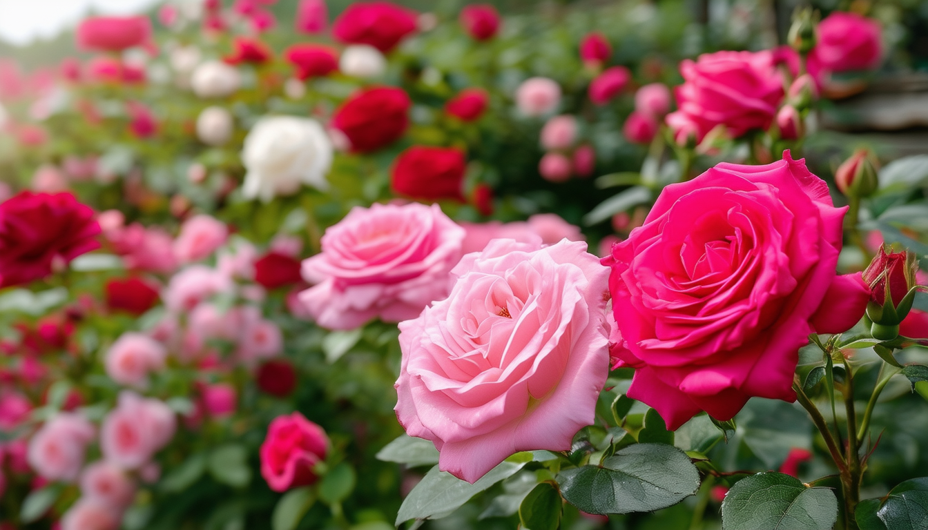 A lush garden filled with blooming roses in variou