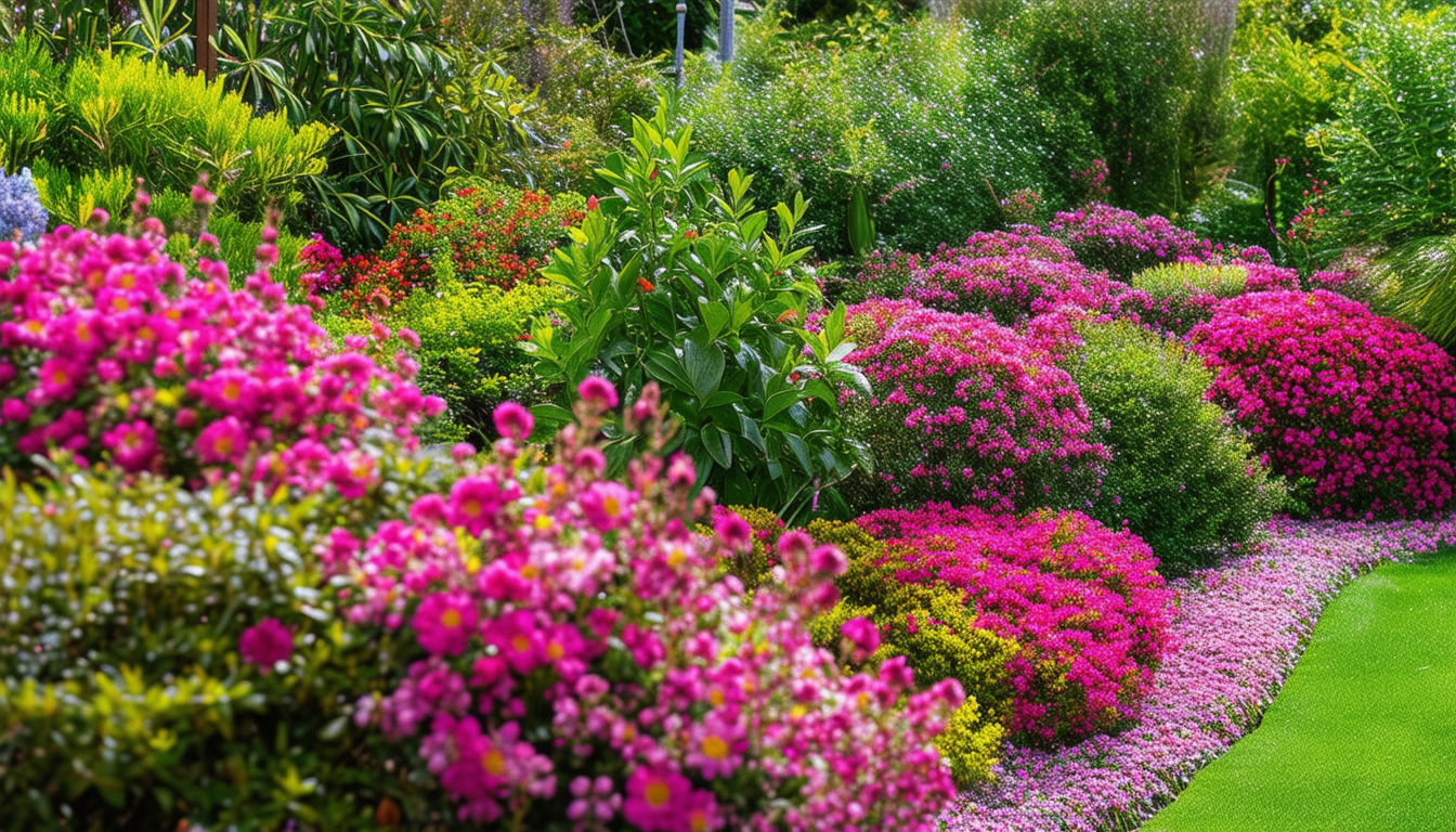 A lush garden with vibrant flowering shrubs, showc