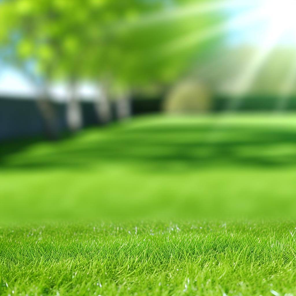 A lush green lawn with a neatly trimmed edge, free of any moss or weeds. The sun is shining brightly, highlighting the healthy grass.