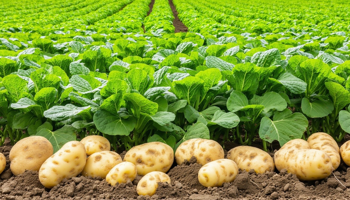A lush potato field with vibrant green plants and