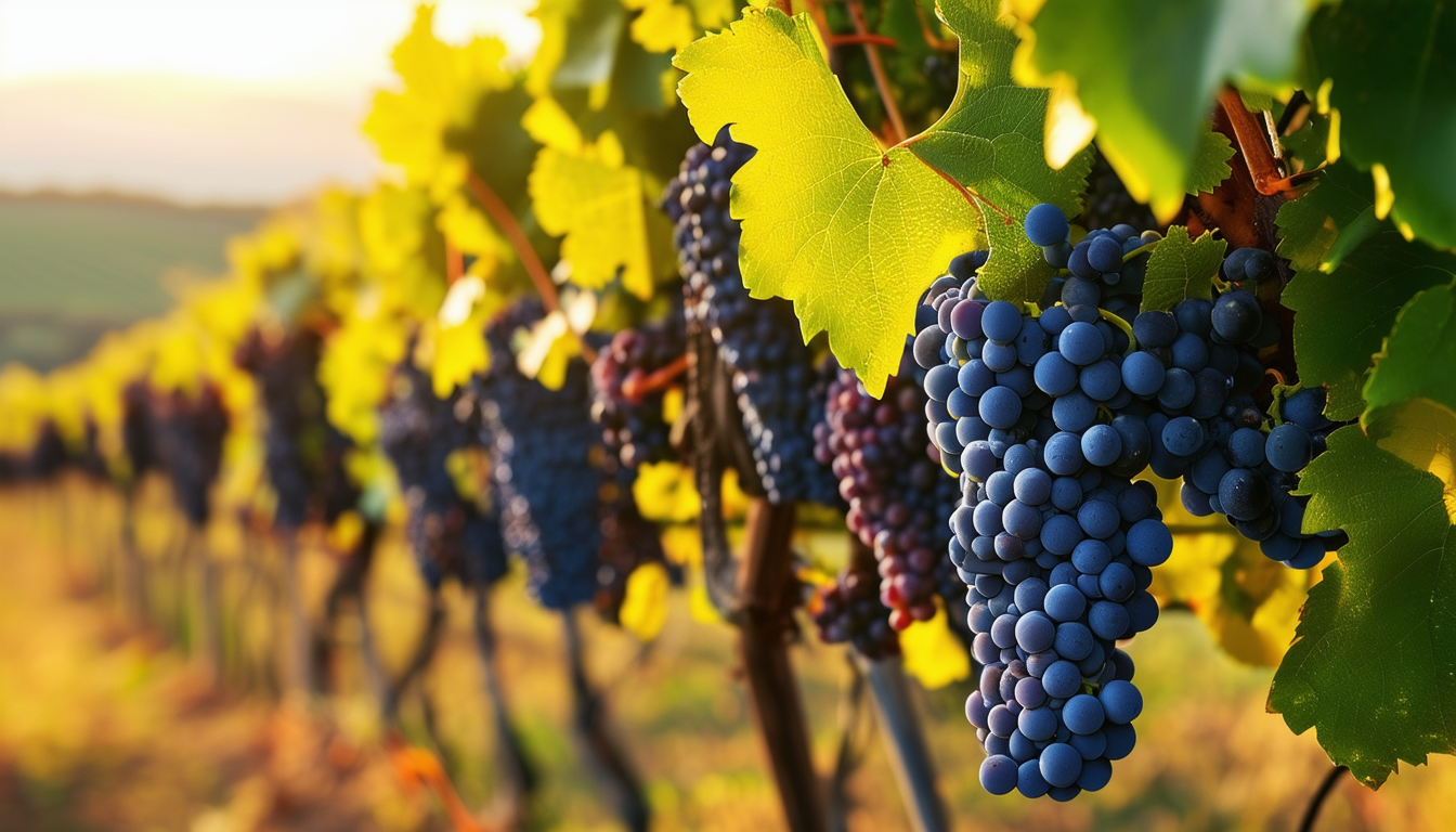 A lush vineyard with carefully pruned grapevines,