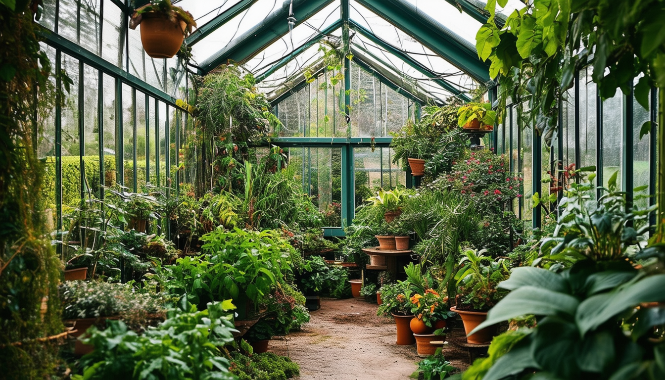 A lush, green greenhouse filled with vibrant plant