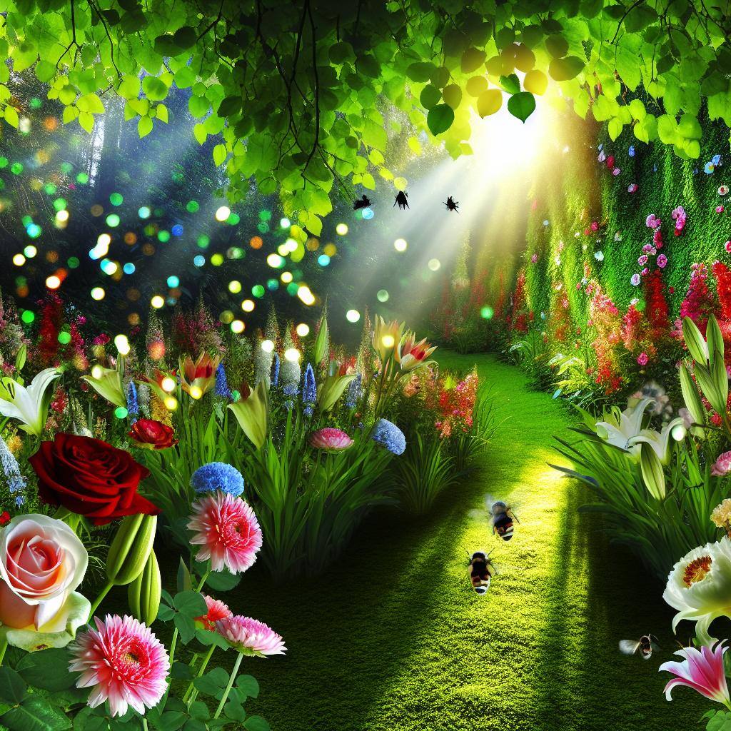 A lush, vibrant garden with colorful flowers and green foliage, bathed in sunlight. The air is filled with the sound of buzzing bees and chirping birds. A peaceful oasis free of pesky mosquitoes.