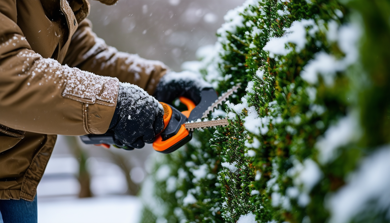 A person in winter clothing carefully trimming a h