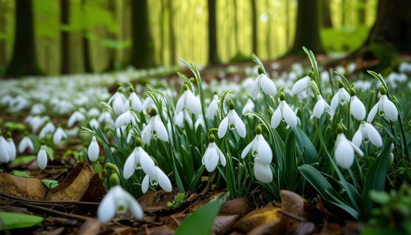 A picturesque snowdrop woodland garden with cluste