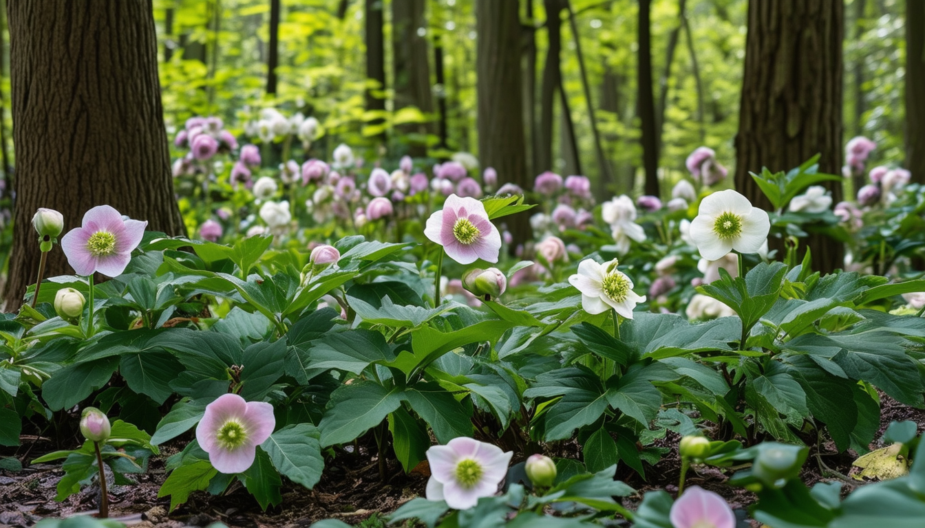 A serene woodland garden featuring blooming Helleb