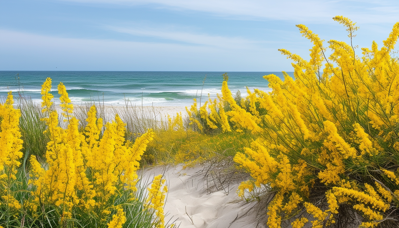 A stunning view of a sandy coastal garden adorned