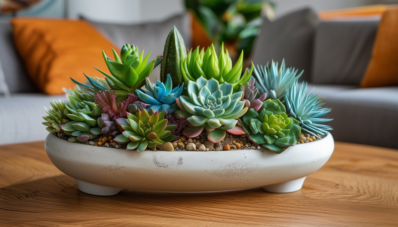 A vibrant arrangement of various succulents in a s