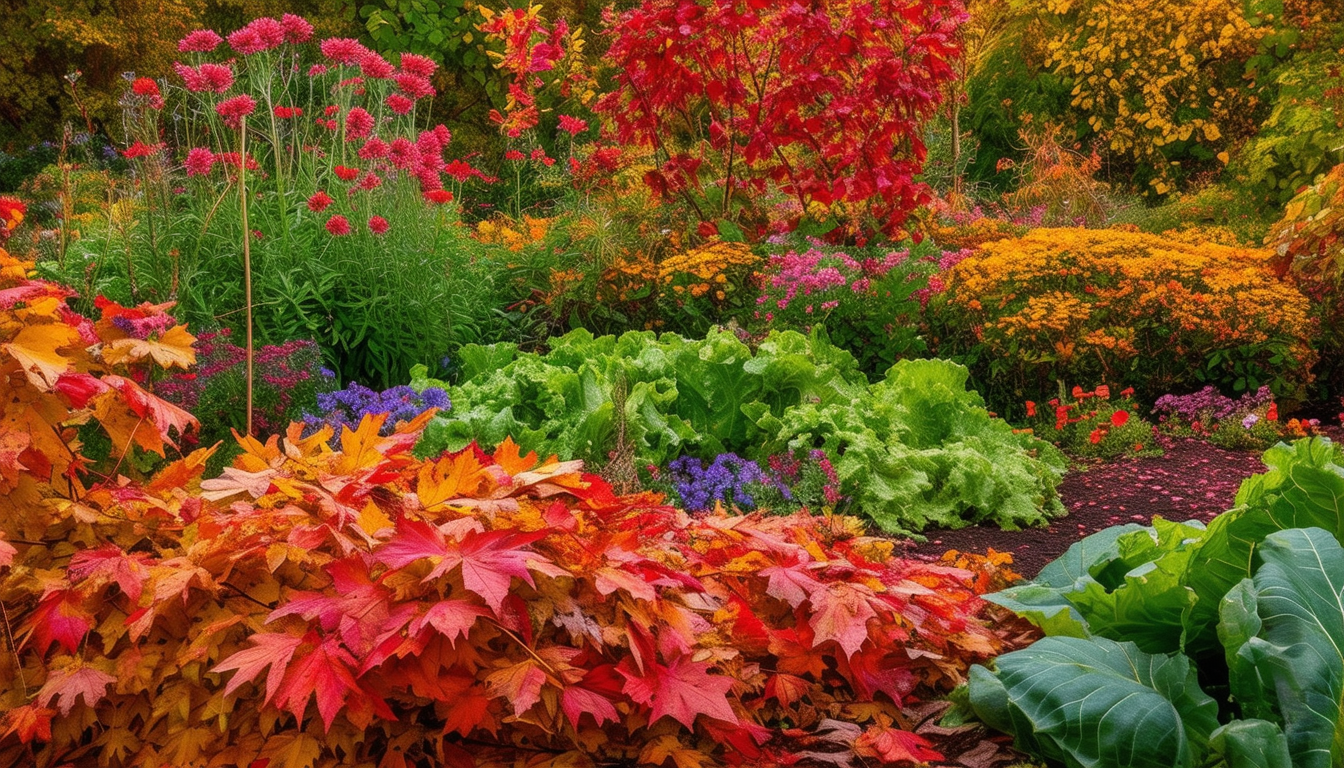 A vibrant autumn garden with colorful leaves, bloo