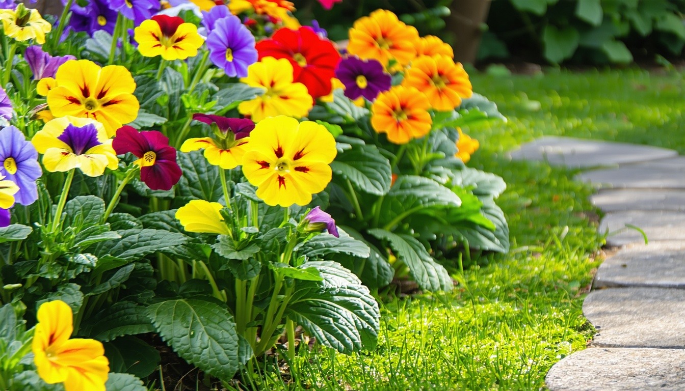 A vibrant garden bed filled with colorful primulas
