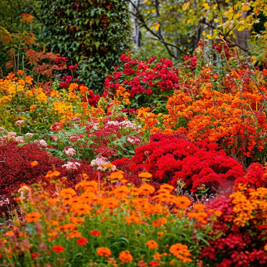 A vibrant garden filled with blooming autumn flowe