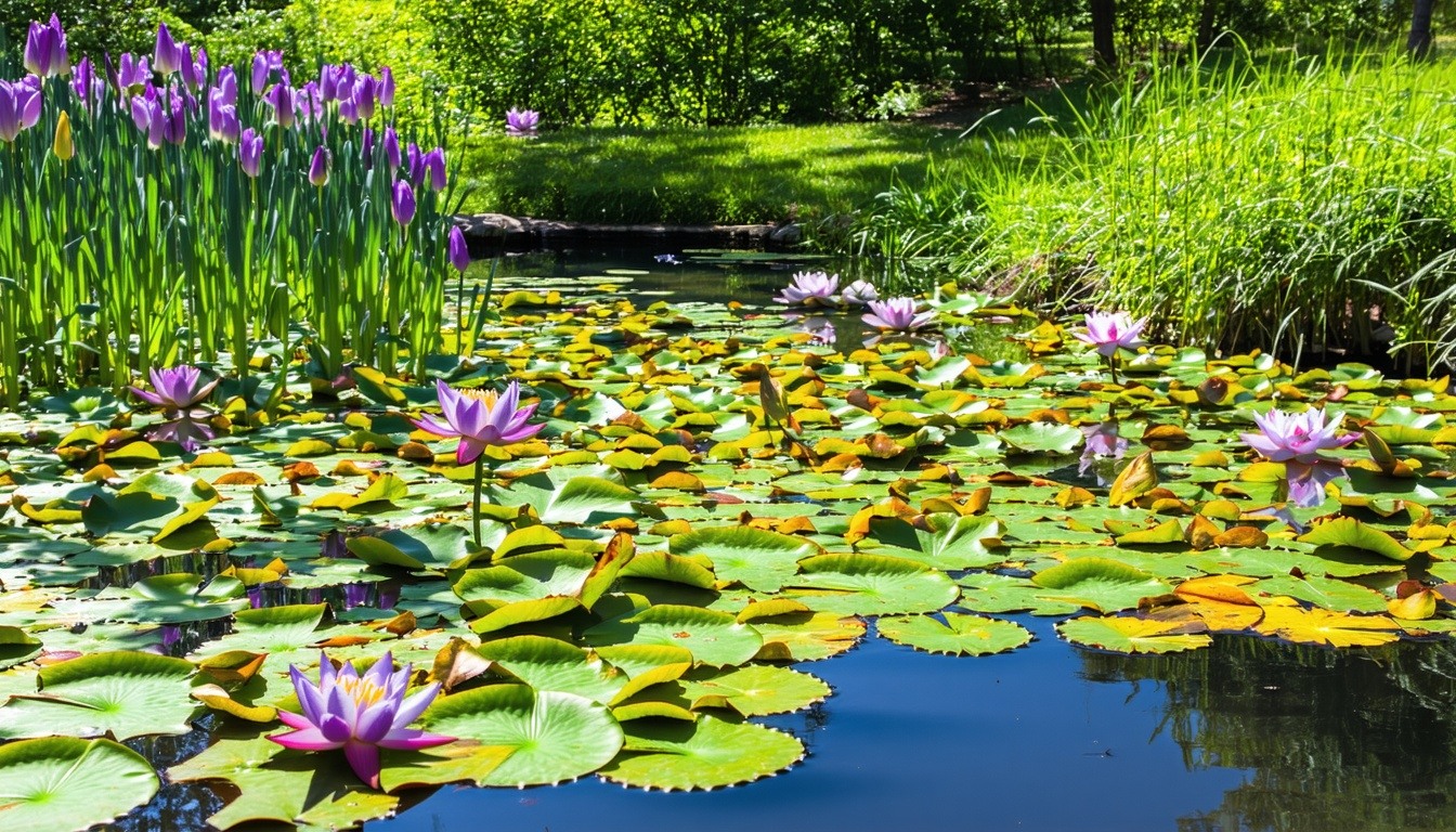 A vibrant garden pond adorned with blooming waterl