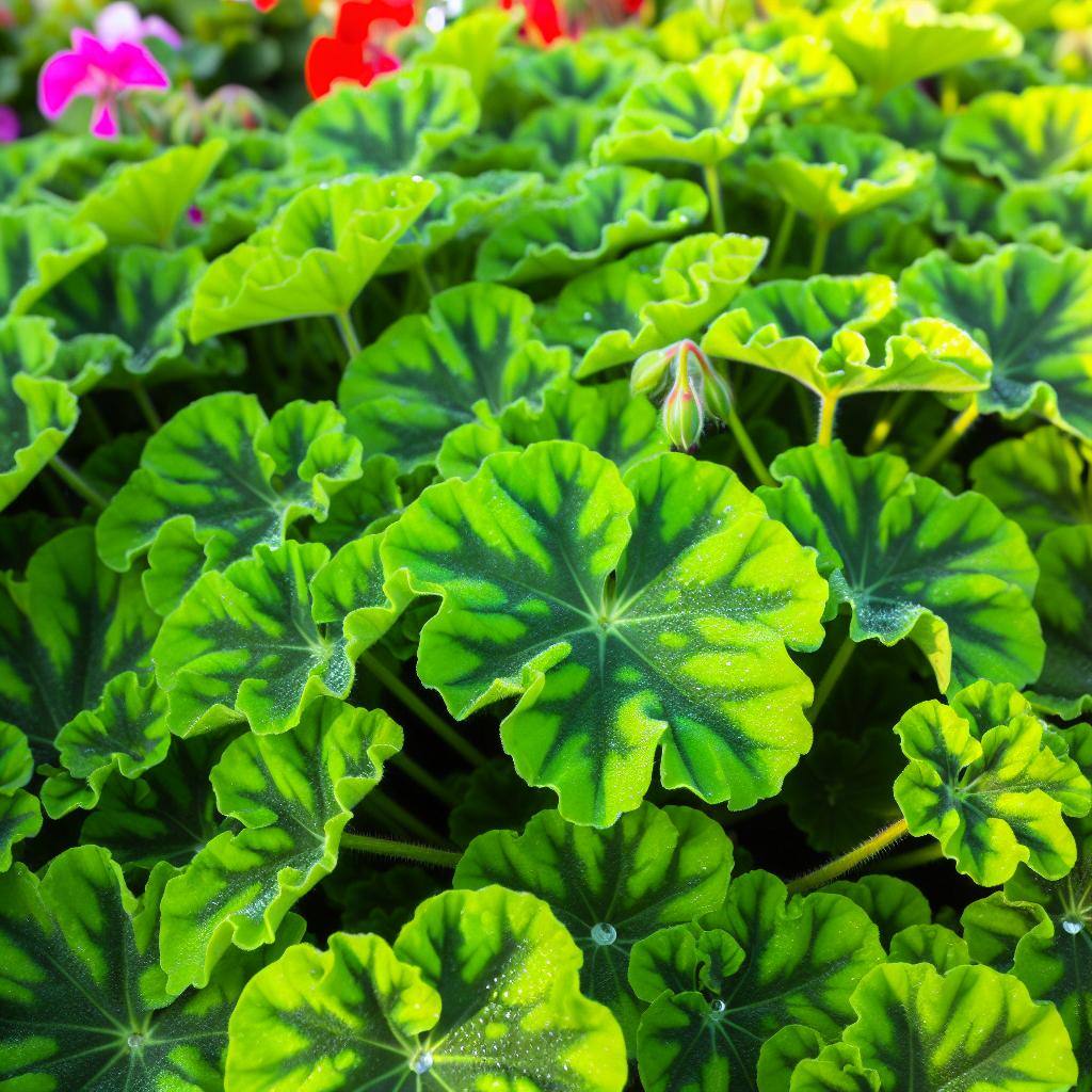 A vibrant image of lush, healthy geranium plants with vibrant green leaves.