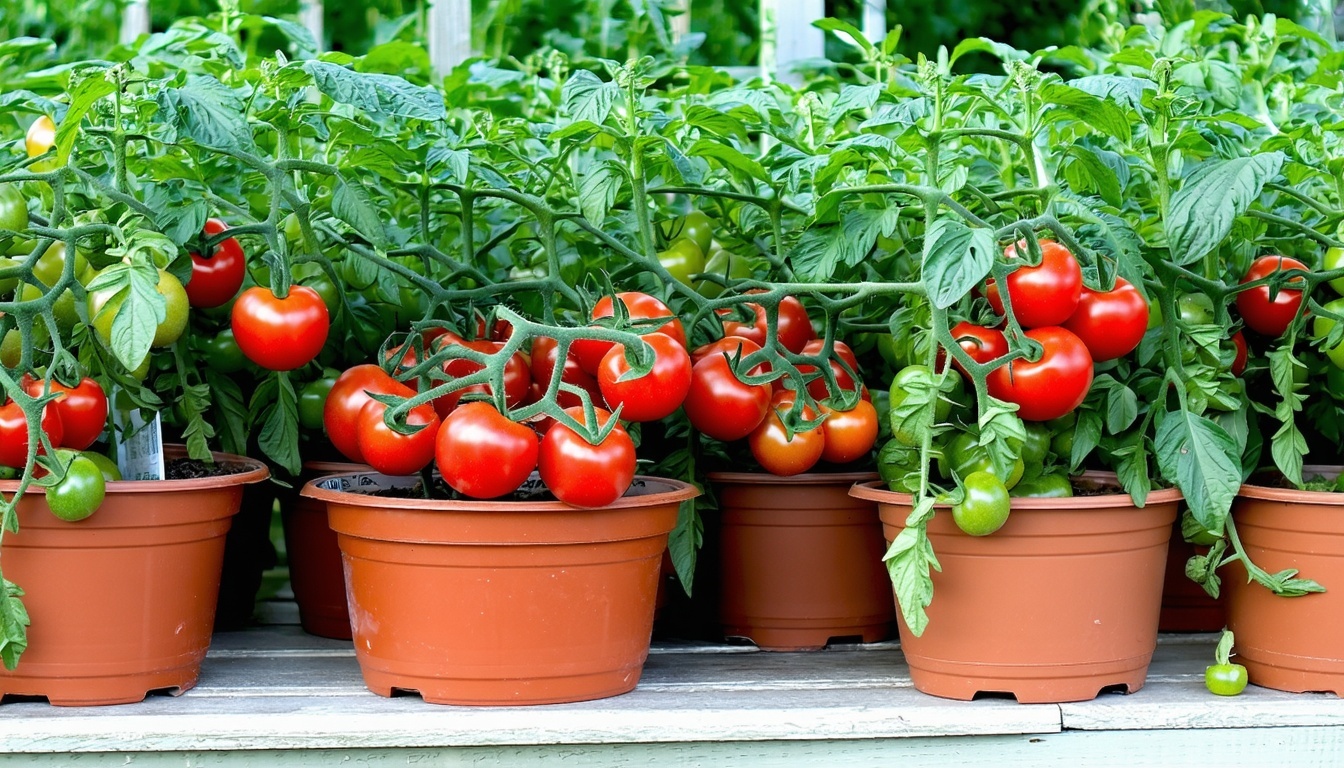 A vibrant image of ripe tomatoes growing in pots