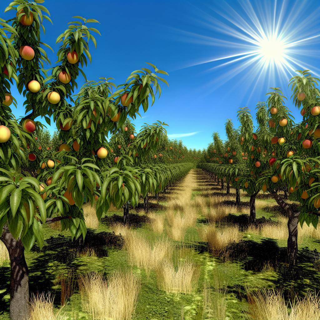 A vibrant orchard filled with lush fruit trees under the bright mid-summer sun.