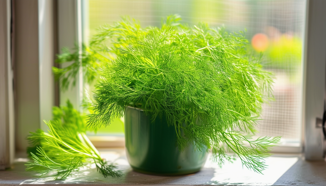 A vibrant pot of dill thriving on a sunny windowsi