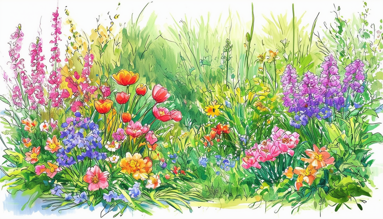 A vibrant spring garden layout sketch with bloomin