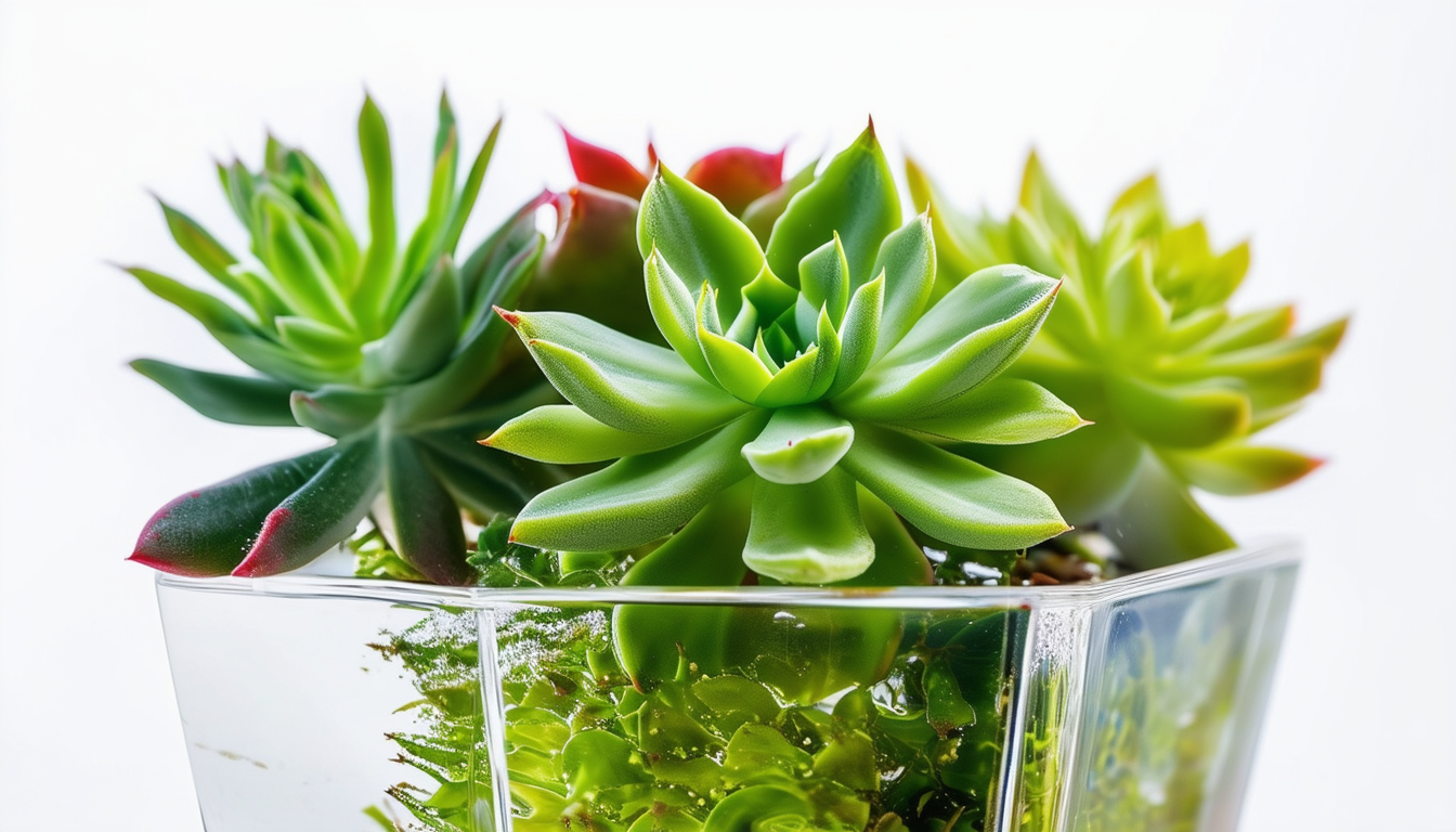 A vibrant succulent thriving in a clear glass cont