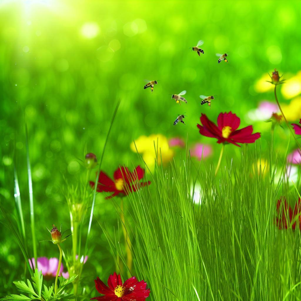 A vibrant, green lawn with healthy grass, surrounded by colorful flowers and buzzing bees. The sun shines down, highlighting the lush foliage.