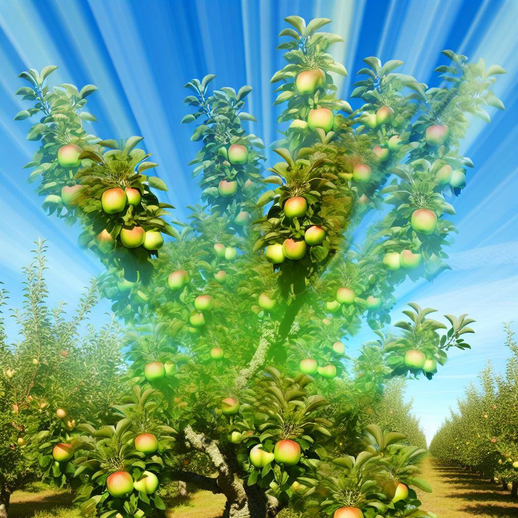 A vibrant, healthy apple tree bursting with ripe fruit under a clear blue sky.