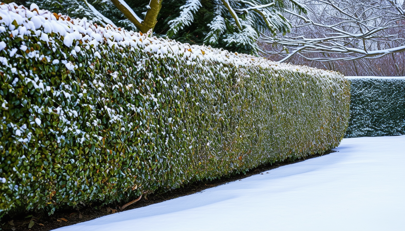 A well-maintained hedge covered with a light dusti