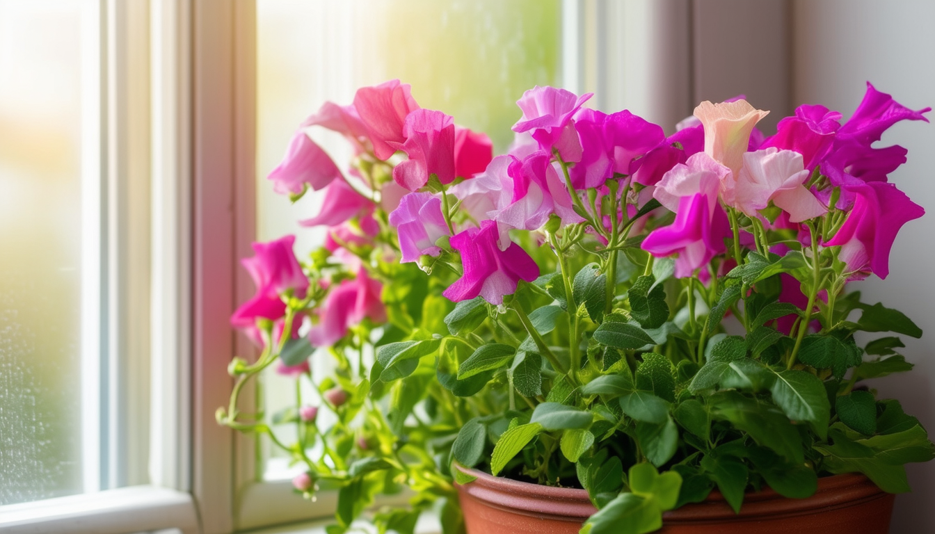 An indoor pot filled with vibrant, blooming sweet