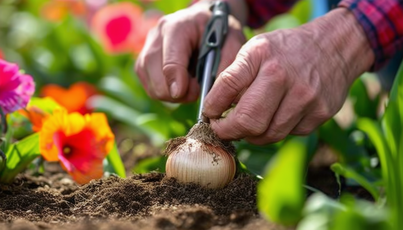 Close-up of a gardener’s hands scoring a bulb with