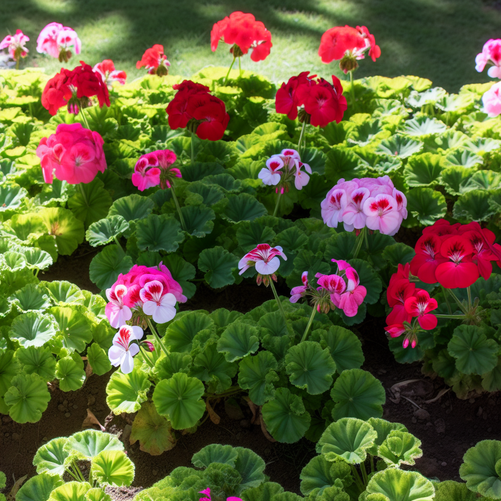 Vibrant geraniums thriving in a garden, free from