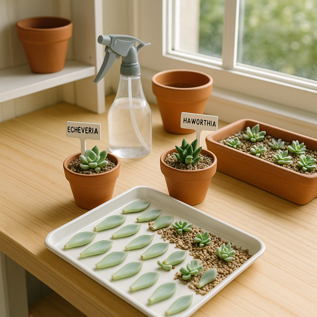A bright potting bench with echeveria leaves callousing on a tray, small rooted cuttings in gritty mix, labeled pots, and a misting bottle by a sunny window.